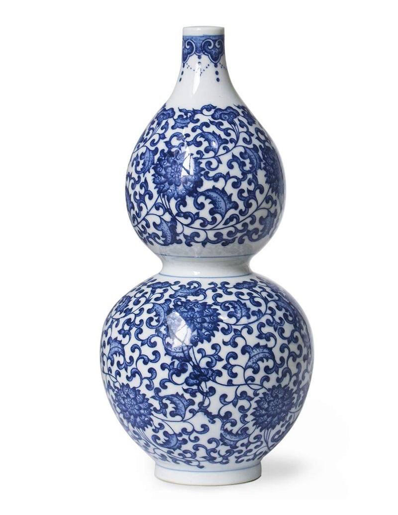 Dahlia Dahlia Blue and White Vase Handmade Chinese Porcelain Flower Vase Lotus Motif Gourd Shape 12 Inches 