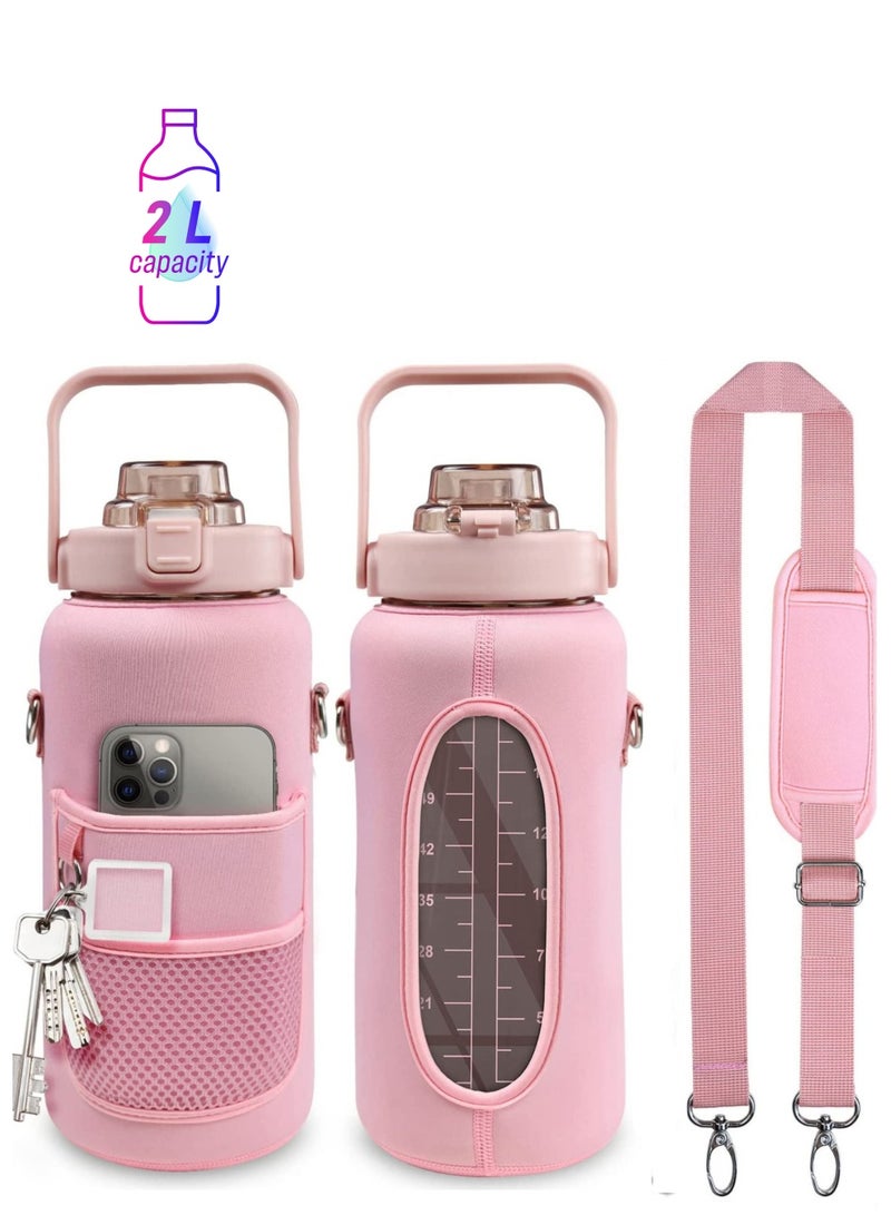 ميكسد 2 لتر زجاجة مع الأكمام ، حزام القش2L جالون زجاجة مع الكفة سترو و الوقت مارك شرب زجاجة ماء مانعة للتسرب قابلة لإعادة الاستخدام ، ومناسبة للجنسين الرياضة واللياقة البدنية وممارسة - Image 1