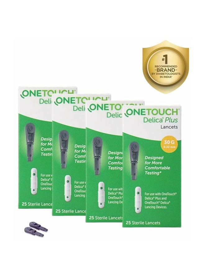 OneTouch Delica Plus 100 Lancets | 4 Pack of 25 Lancets | For Virtually Pain Free Blood Glucose Testing| Global Iconic Brand | For use with OneTouch Delica Plus Lancing Device - Image 1