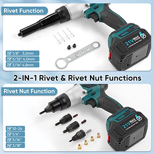 WonVon 2-in-1 Cordless Electric Rivet/Nut Gun Tool for Nutsert(10-24" & 1/4" & 5/16" & 3/8"),Rivets(1/8'', 5/32'', 3/16"), Portable Battery Powered Pop Rivet/Nut Gun, Auto/Manual Rivet, Two Memory Modes - Image 2