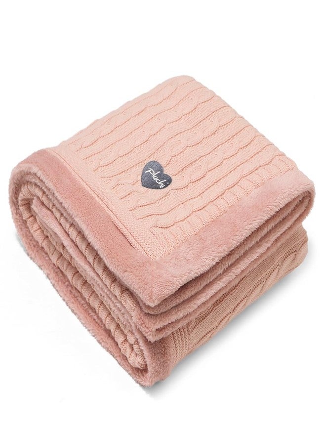 Pluchi Cable Knit with Embroidered Heart Cotton Knitted Blanket with Faux Fur Back for Babies (80cm x 100 cm) (Cameo Pink) - Image 4