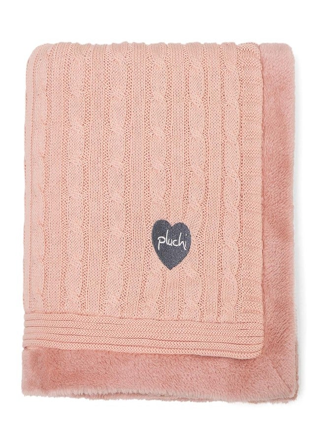 Pluchi Cable Knit with Embroidered Heart Cotton Knitted Blanket with Faux Fur Back for Babies (80cm x 100 cm) (Cameo Pink) - Image 2
