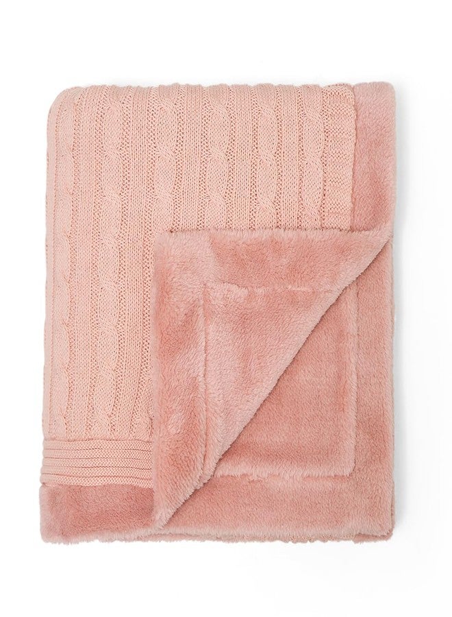 Pluchi Cable Knit with Embroidered Heart Cotton Knitted Blanket with Faux Fur Back for Babies (80cm x 100 cm) (Cameo Pink) - Image 1
