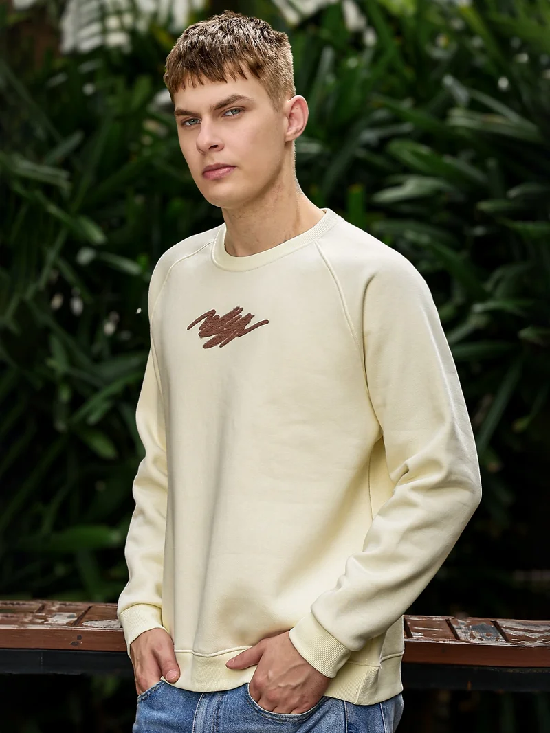 Maniac  Maniac Mens Brush Stroke Round Neck Full Sleeve Cream & Brown Fleece Sweatshirt for Men | Best Price UAE