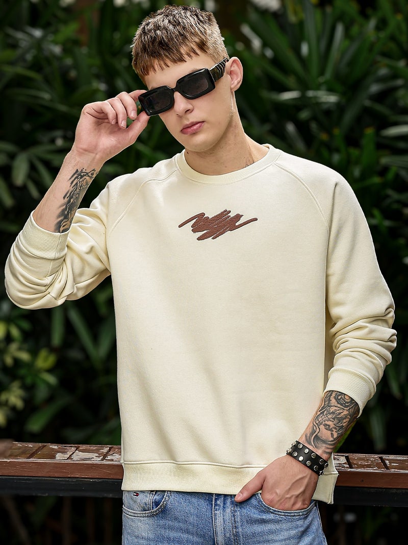 Maniac Mens Brush Stroke Round Neck Full Sleeve Cream & Brown Fleece Sweatshirt - Image 1