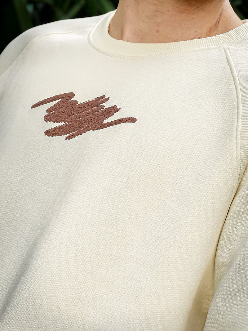 Maniac Mens Brush Stroke Round Neck Full Sleeve Cream & Brown Fleece Sweatshirt - Image 3
