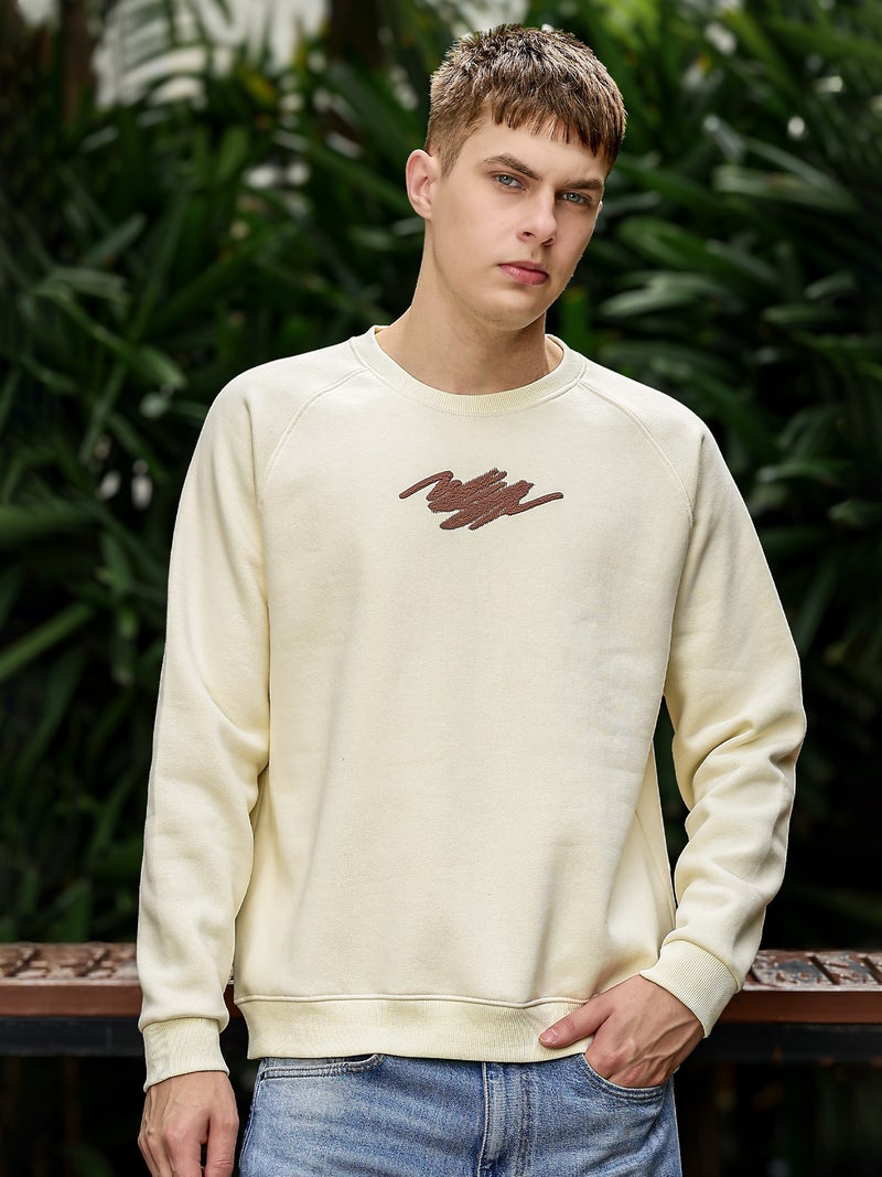 Maniac Mens Brush Stroke Round Neck Full Sleeve Cream & Brown Fleece Sweatshirt - Image 2