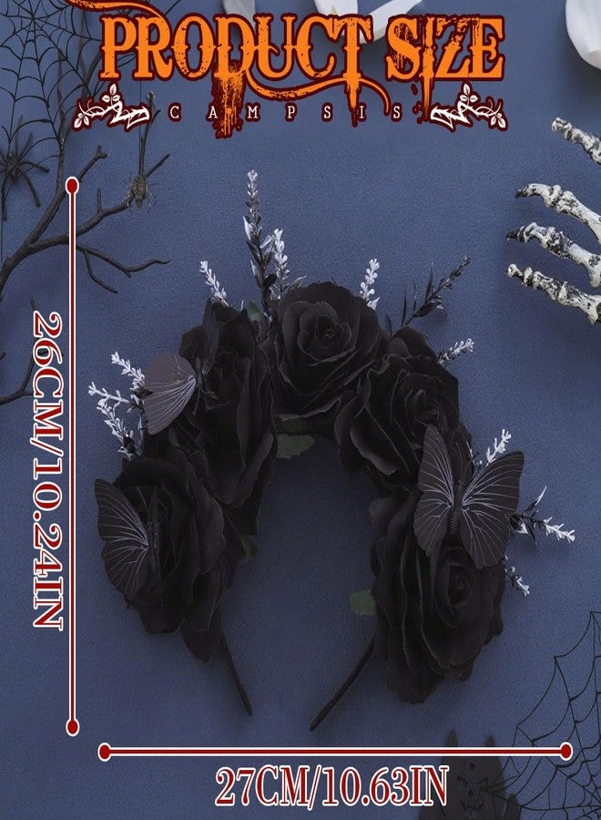 كامبسيس طوق رأس كامبسيس ليوم الموتى، طوق شعر على شكل فراشة وزهرة سوداء للهالوين، إكسسوارات شعر تنكرية قوطية للنساء - Image 3