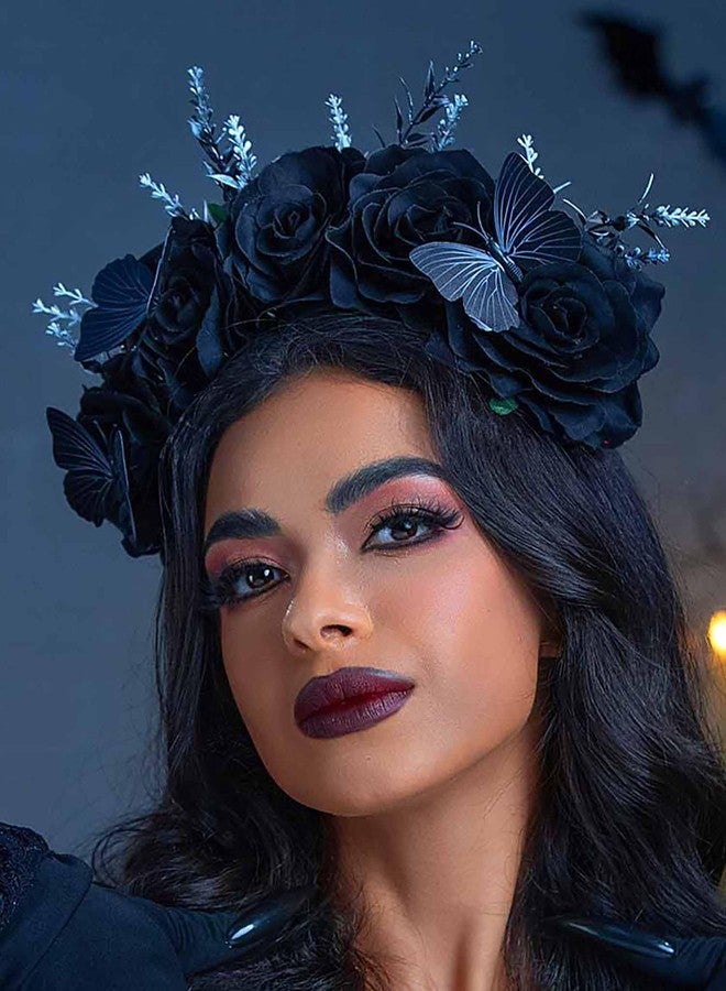 كامبسيس طوق رأس كامبسيس ليوم الموتى، طوق شعر على شكل فراشة وزهرة سوداء للهالوين، إكسسوارات شعر تنكرية قوطية للنساء - Image 1