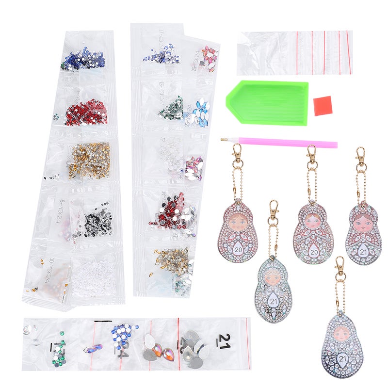 5Pcs Keychain Diamond Painting Matryoshka Doll Pattern DIY Resin Key Ring Luggage Pendants - Image 3