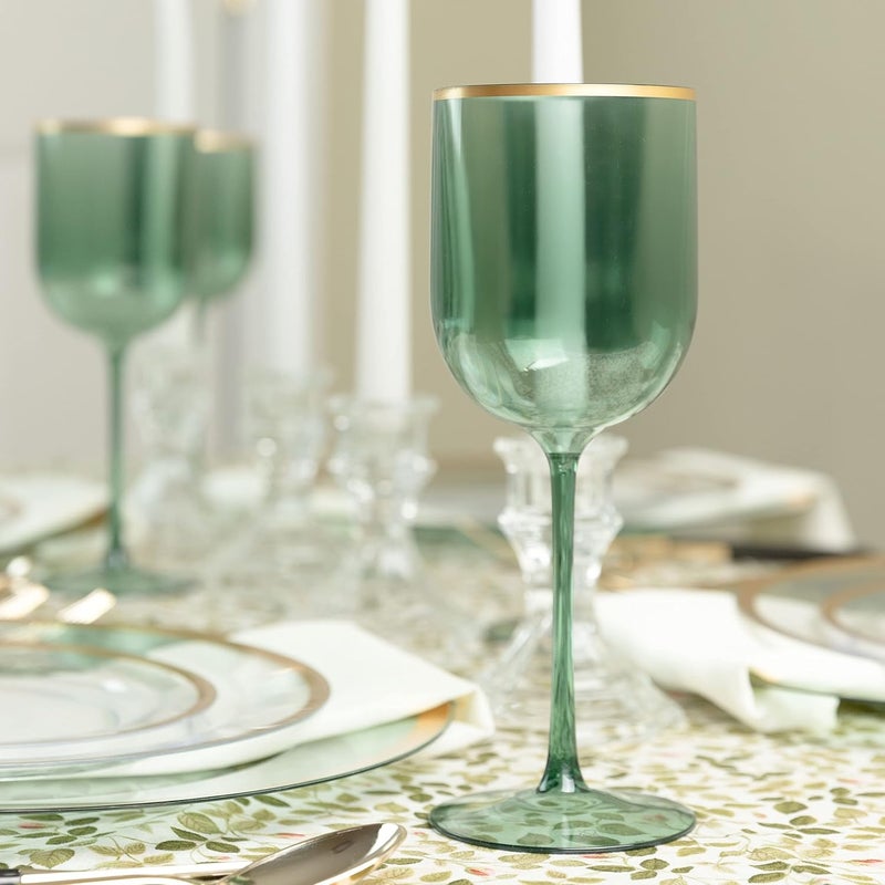 PLASTICPRO Green Wine Cup with Gold rim Plastic Wine Glasses Set of 10 Elegant Wine Goblets Hard Plastic Champaign Cups on Stem 12 Ounce Christmas Cups - Image 2