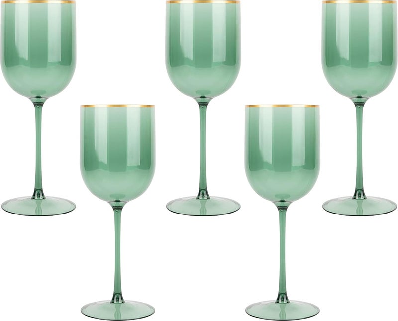 PLASTICPRO Green Wine Cup with Gold rim Plastic Wine Glasses Set of 10 Elegant Wine Goblets Hard Plastic Champaign Cups on Stem 12 Ounce Christmas Cups - Image 1