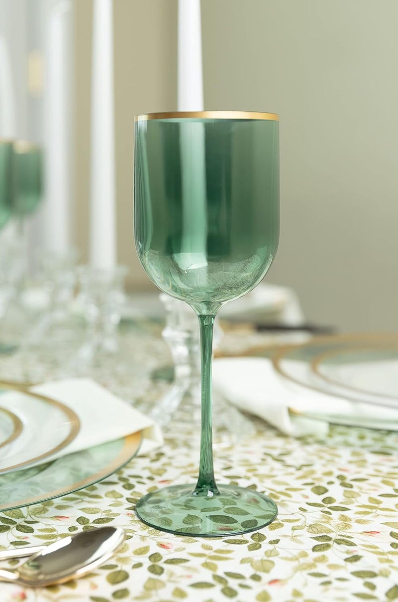 PLASTICPRO Green Wine Cup with Gold rim Plastic Wine Glasses Set of 10 Elegant Wine Goblets Hard Plastic Champaign Cups on Stem 12 Ounce Christmas Cups - Image 4