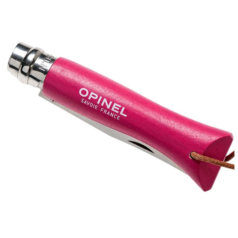 Opinel أوبينيل كولوراما رقم 06 – سكين جيب قابلة للطي بمقابض من خشب الزان المطلي بألوان زاهية، حبل جلدي، فيروبلوك، صنع في فرنسا (فراولة) - Image 3