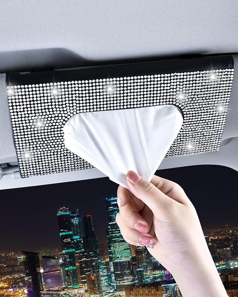 Bling Car Sun Visor Tissue Holder: Black Premium PU Leather with Sparkling Crystal Diamonds - Stylish Durable Lady's Car Accessory for Easy Tissue Access in Car Interior - Image 3