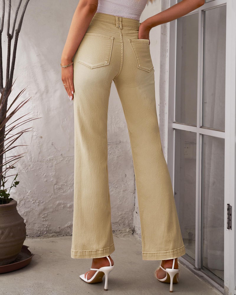 GRAPENT Womens Plus Size Jeans Size 12-14 Stretch High Waisted Ripped Flare Jeans Pale Khaki - Image 2