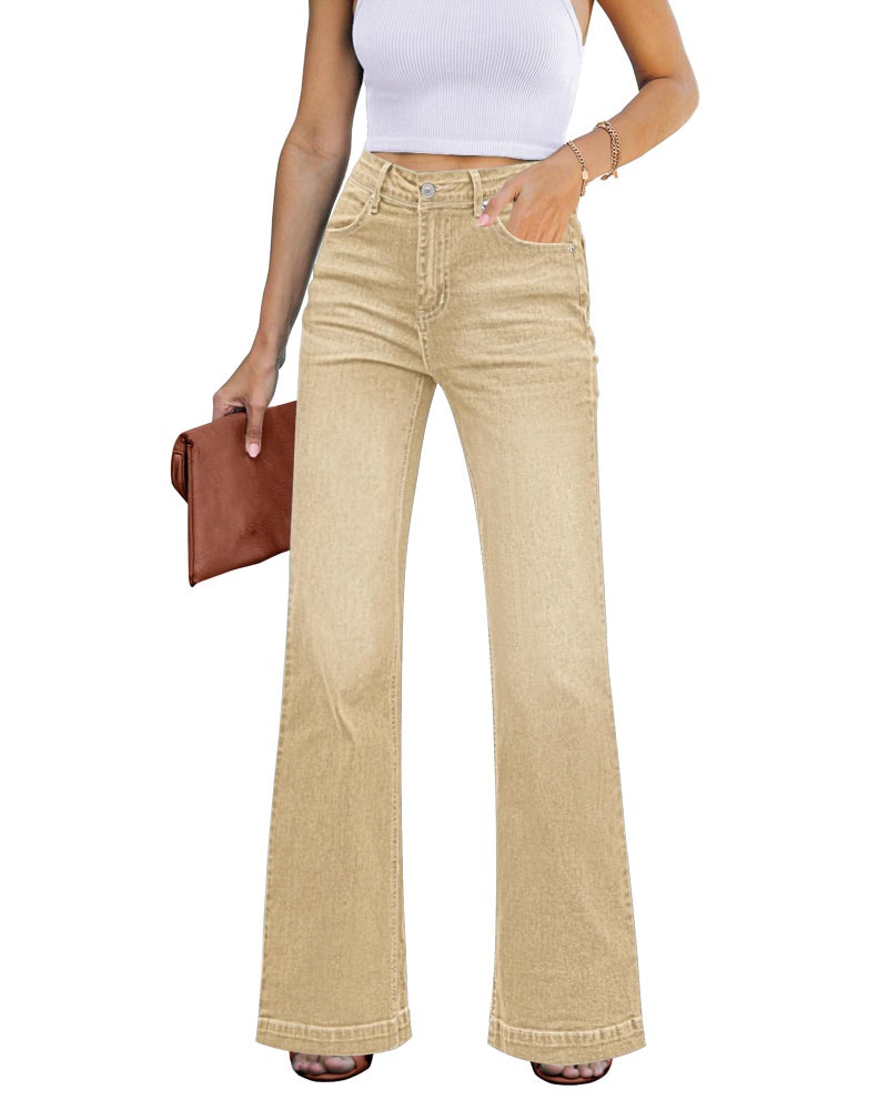 GRAPENT Womens Plus Size Jeans Size 12-14 Stretch High Waisted Ripped Flare Jeans Pale Khaki - Image 1