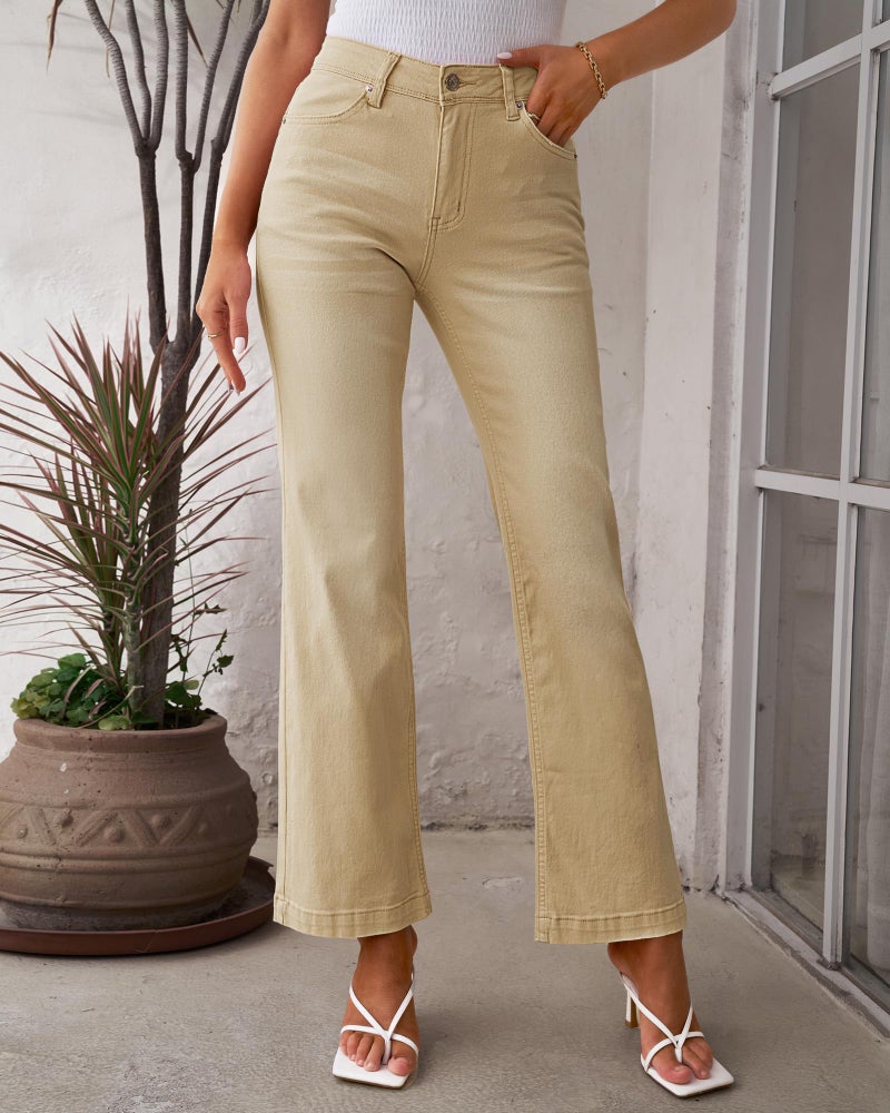 GRAPENT Womens Plus Size Jeans Size 12-14 Stretch High Waisted Ripped Flare Jeans Pale Khaki - Image 3