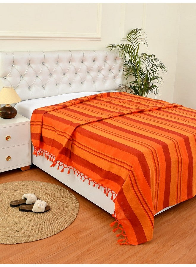RANGBHAR Handloom Khadi Cotton King Size Bedsheet, 100 x 108 inch, Without Pillow Covers, Woven Striped Bedcover, Orange - Image 2