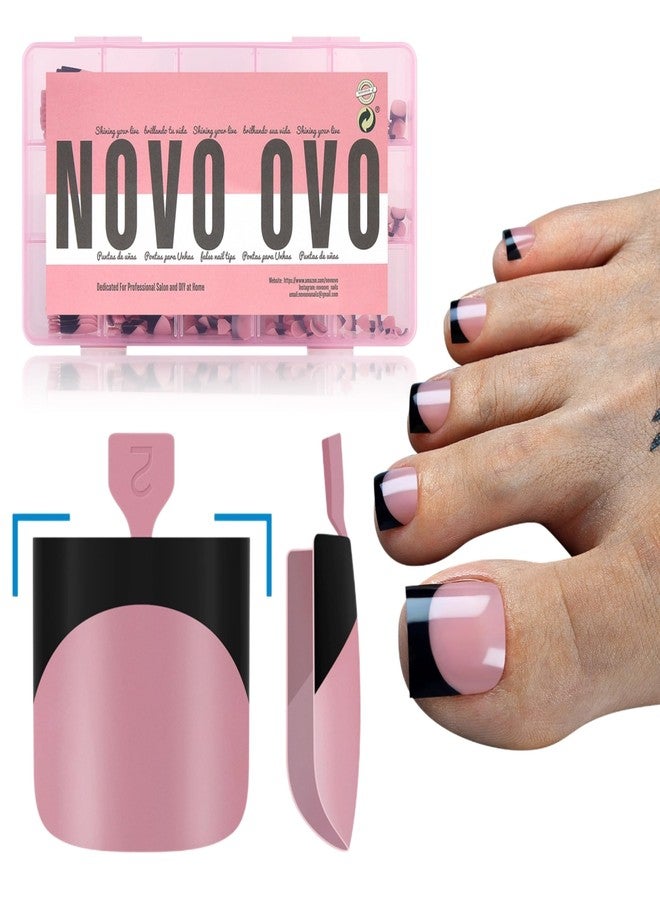 NOVO OVO Halloween Black French Tip Toe Nail Tips Press on, BERRY PINK Sharp Square Pre-Designed Soft Gel False Toenail Extension, Medium Fake Toenails, Full Cover Acrylic for DIY 15 Sizes 240 pcs - Image 1