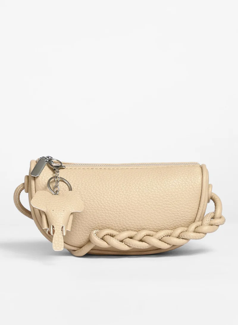 Haute Sauce Haute Sauce Women's Braided Sling Bag For Casual Wear | Beige Colour | One-Size| Zipper Closure | Vegan Leather Material | Detachable Sling | Handbag For Woman & Girls