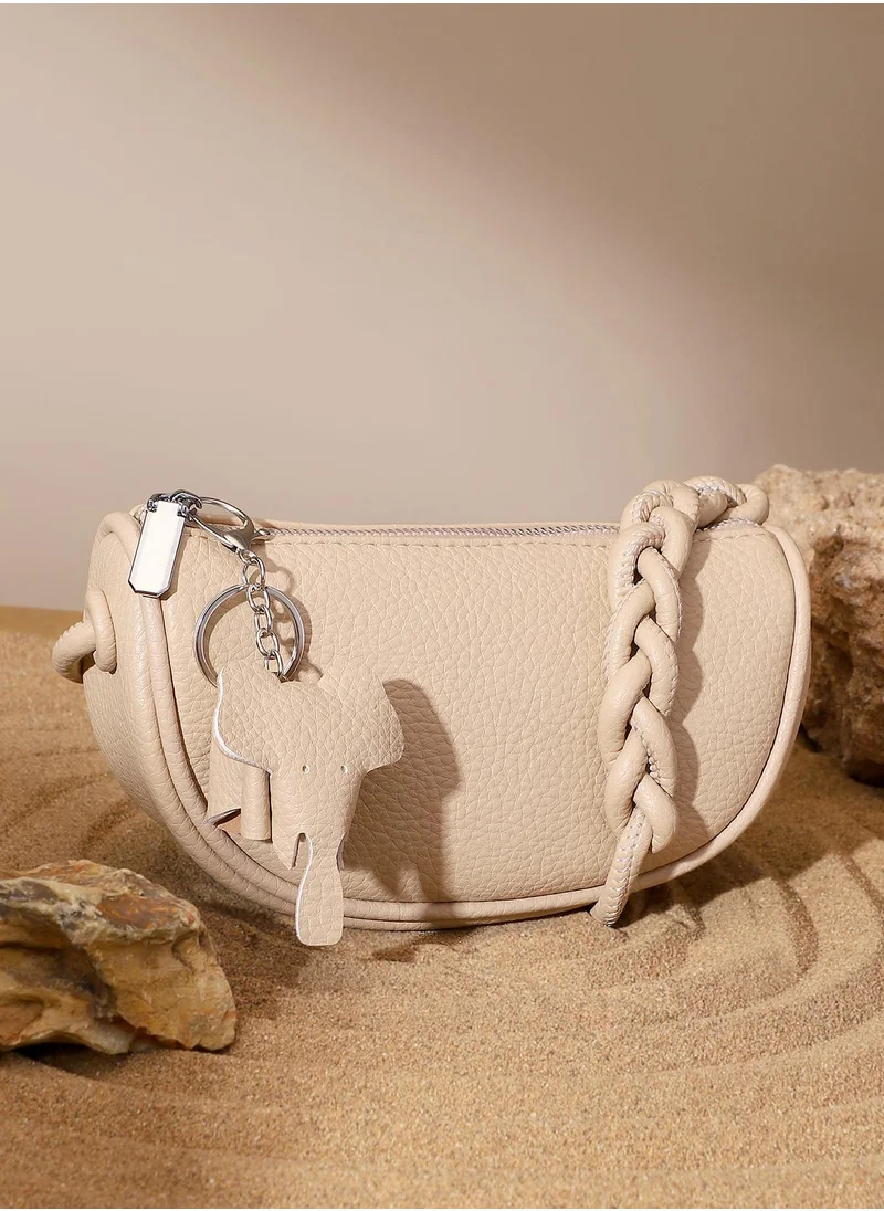صوص هاوت Haute Sauce Women's Braided Sling Bag For Casual Wear | Beige Colour | One-Size| Zipper Closure | Vegan Leather Material | Detachable Sling | Handbag For Woman & Girls