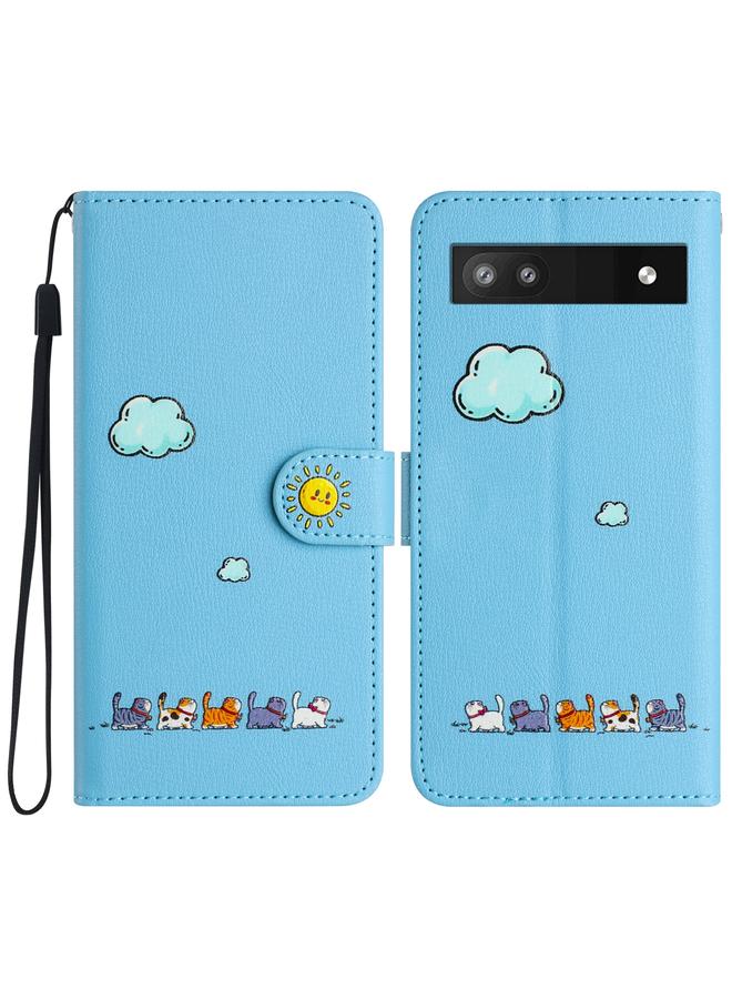 جرين تايجر جراب هاتف Google Pixel 7a من الجلد برسومات قطط كرتونية - Image 1