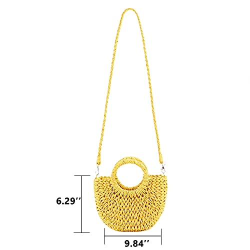 QTKJ Mini Semi-circle Rattan Straw Handbag, Women Summer Retro Straw Tote Shoulder Crossbody Round Handle Beach Bag (Yellow) - Image 2