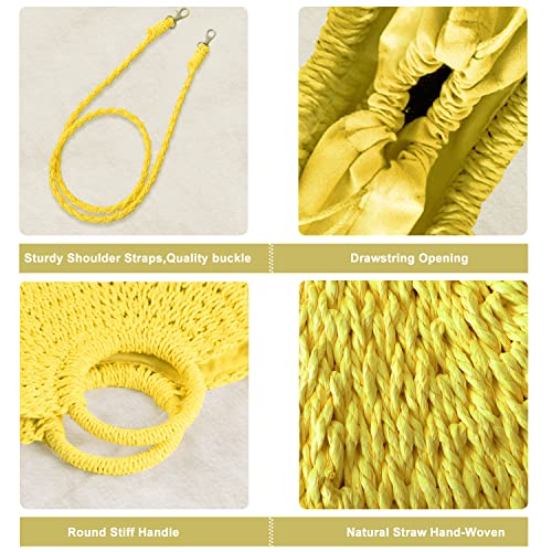 QTKJ Mini Semi-circle Rattan Straw Handbag, Women Summer Retro Straw Tote Shoulder Crossbody Round Handle Beach Bag (Yellow) - Image 4