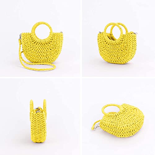 QTKJ Mini Semi-circle Rattan Straw Handbag, Women Summer Retro Straw Tote Shoulder Crossbody Round Handle Beach Bag (Yellow) - Image 3