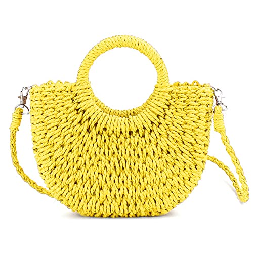 QTKJ Mini Semi-circle Rattan Straw Handbag, Women Summer Retro Straw Tote Shoulder Crossbody Round Handle Beach Bag (Yellow) - Image 1
