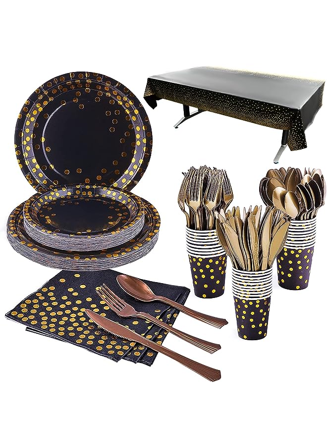 Raxoom Black & Gold Party Supplies,169 Pcs Serves 24 Disposable Party Dinnerware,Paper Plates Napkins Cups Tablecloth Forks Knives Spoons for Birthday Wedding Anniversary Graduation (Black & Gold) - Image 1