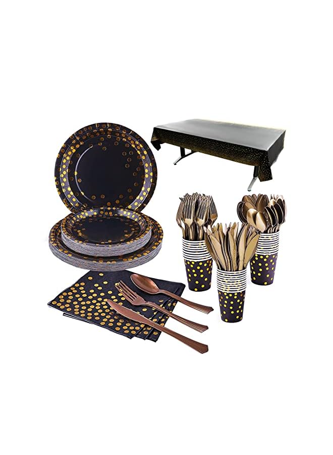 Raxoom Black & Gold Party Supplies,169 Pcs Serves 24 Disposable Party Dinnerware,Paper Plates Napkins Cups Tablecloth Forks Knives Spoons for Birthday Wedding Anniversary Graduation (Black & Gold) - Image 2