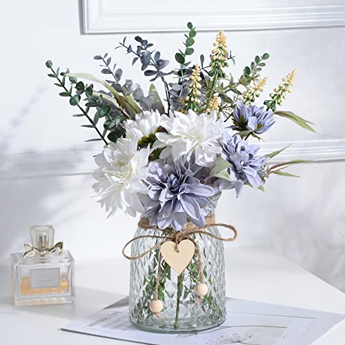 COZZI CODI Fake Flowers Artificial Blue Flowers with Vase, Table Centerpieces for Dining Room, Silk Flower Arrangements for Home, Living Room Bathroom Plant Decor, Centerpiece Table Decorations - Image 1
