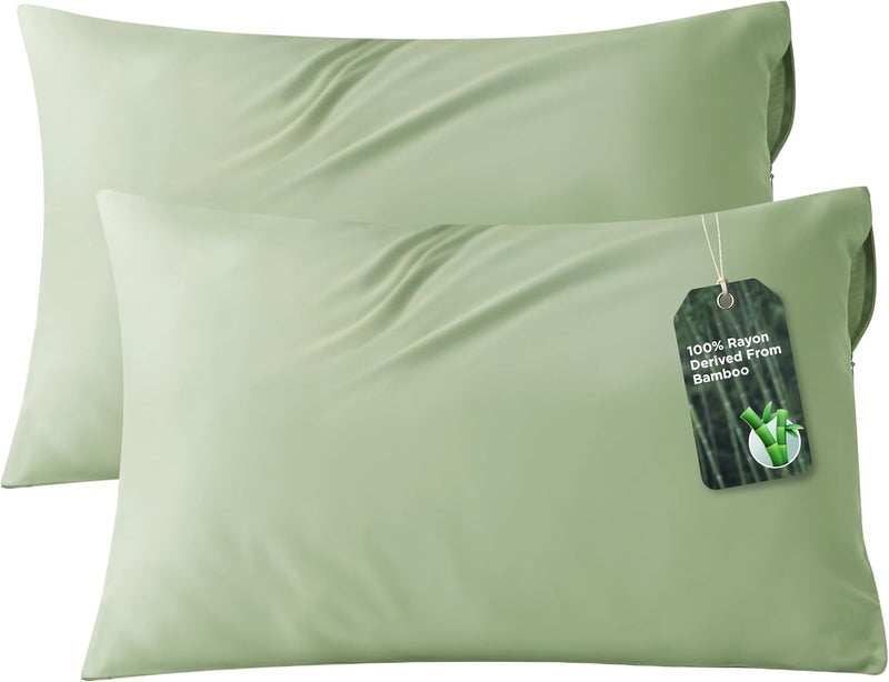 Bedsure Cooling Pillow Cases Standard Size 2 Pack, Rayon Derived from Bamboo Cooling Pillowcase for Hot Sleepers, Soft & Breathable Cool Pillow Covers with Zipper, Gifts, Sage Green, 20x26 Inches - Image 1