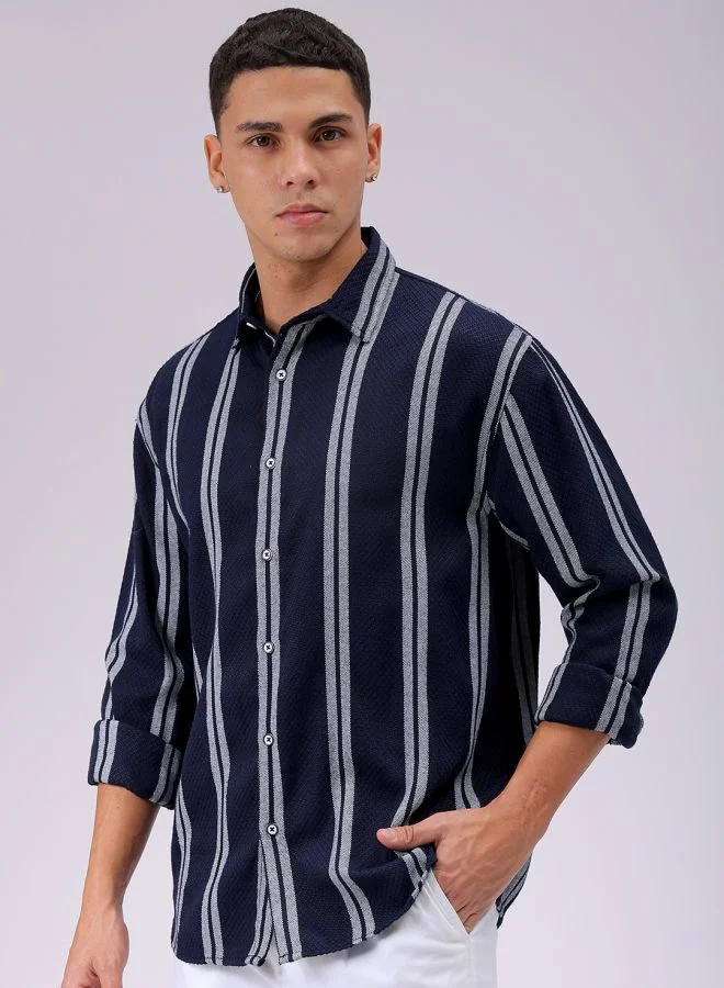 شركة المرآب الهندية Navy Regular Fit Resort Striped Cutaway Collar Full Sleeves Cotton Polyester Shirt