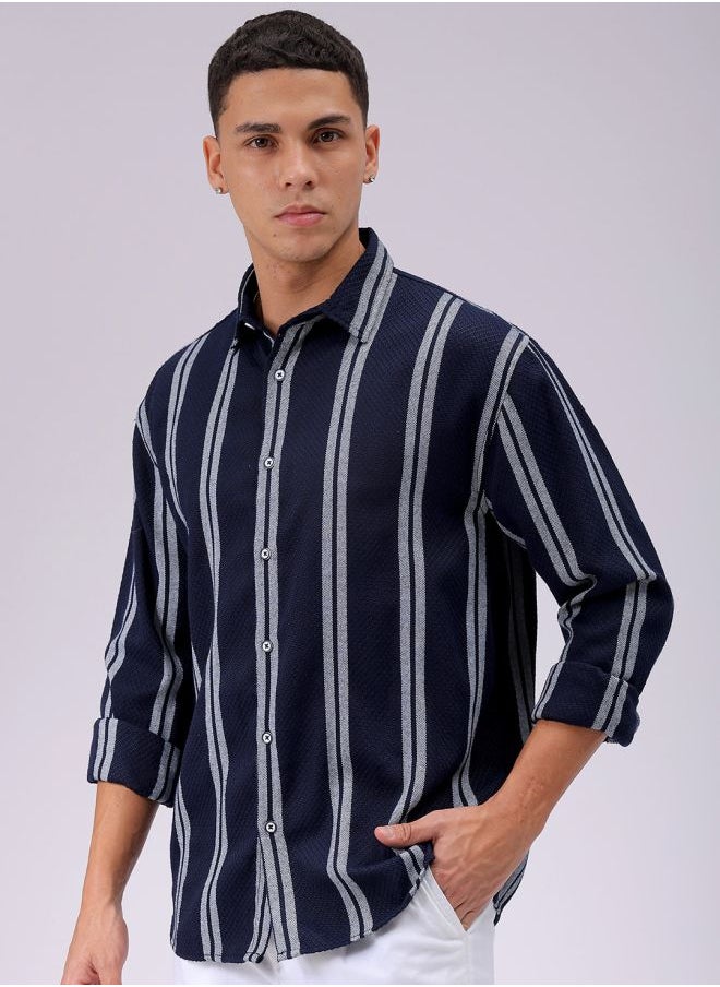 The Indian Garage Co Navy Regular Fit Resort Striped Cutaway Collar Full Sleeves Cotton Polyester Shirt  - Image 3