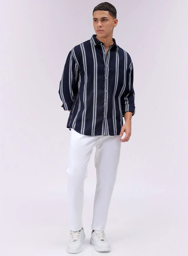 شركة المرآب الهندية Navy Regular Fit Resort Striped Cutaway Collar Full Sleeves Cotton Polyester Shirt