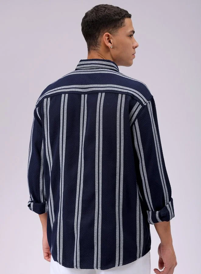 شركة المرآب الهندية Navy Regular Fit Resort Striped Cutaway Collar Full Sleeves Cotton Polyester Shirt