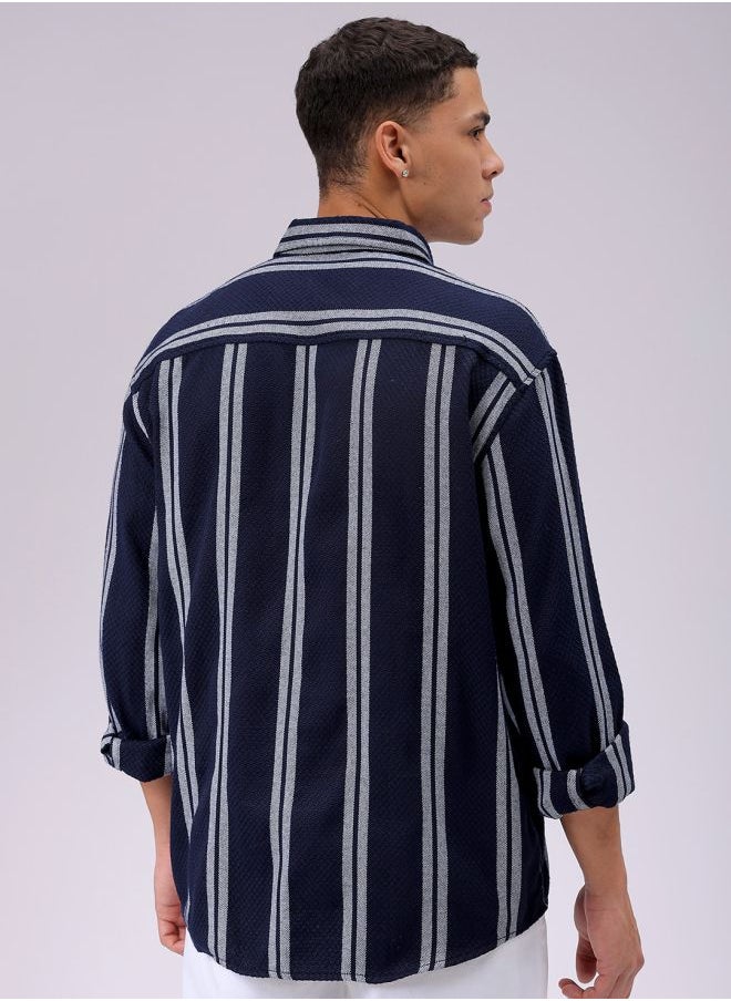 The Indian Garage Co Navy Regular Fit Resort Striped Cutaway Collar Full Sleeves Cotton Polyester Shirt  - Image 2