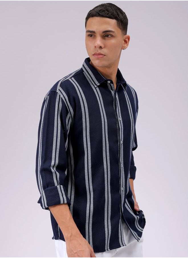 The Indian Garage Co Navy Regular Fit Resort Striped Cutaway Collar Full Sleeves Cotton Polyester Shirt  - Image 4