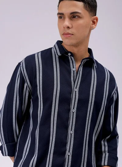 شركة المرآب الهندية Navy Regular Fit Resort Striped Cutaway Collar Full Sleeves Cotton Polyester Shirt