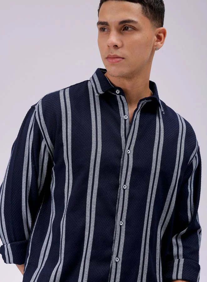 شركة المرآب الهندية Navy Regular Fit Resort Striped Cutaway Collar Full Sleeves Cotton Polyester Shirt