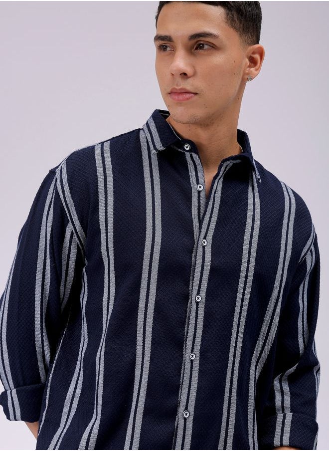 The Indian Garage Co Navy Regular Fit Resort Striped Cutaway Collar Full Sleeves Cotton Polyester Shirt  - Image 1