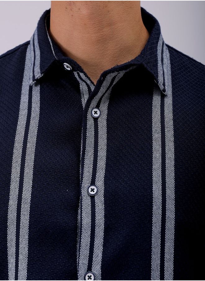 The Indian Garage Co Navy Regular Fit Resort Striped Cutaway Collar Full Sleeves Cotton Polyester Shirt  - Image 5