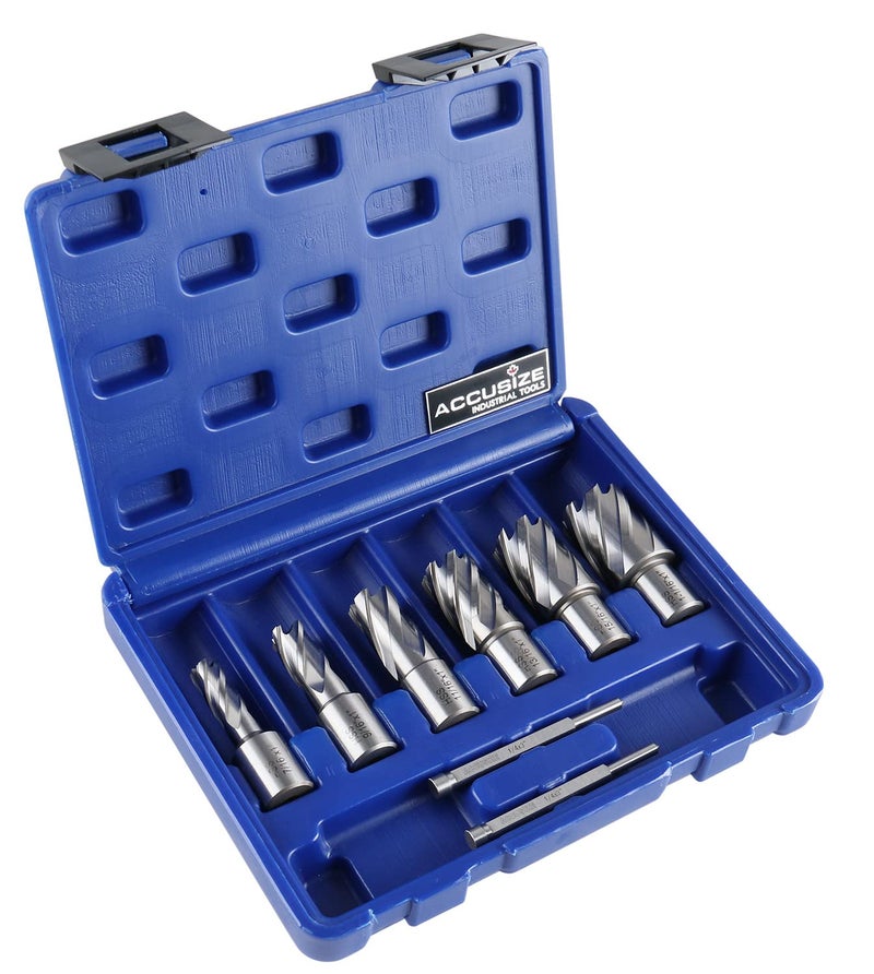 Accusize Industrial Tools H.S.S. Annular Cutter Set, 1'' Cutting Depth, 7/16'' to 1-1/16'' with 3/4'' Weldon Shank, 8 Pc Set, HSS1-0000 - Image 1