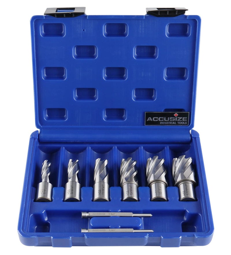 Accusize Industrial Tools H.S.S. Annular Cutter Set, 1'' Cutting Depth, 7/16'' to 1-1/16'' with 3/4'' Weldon Shank, 8 Pc Set, HSS1-0000 - Image 2