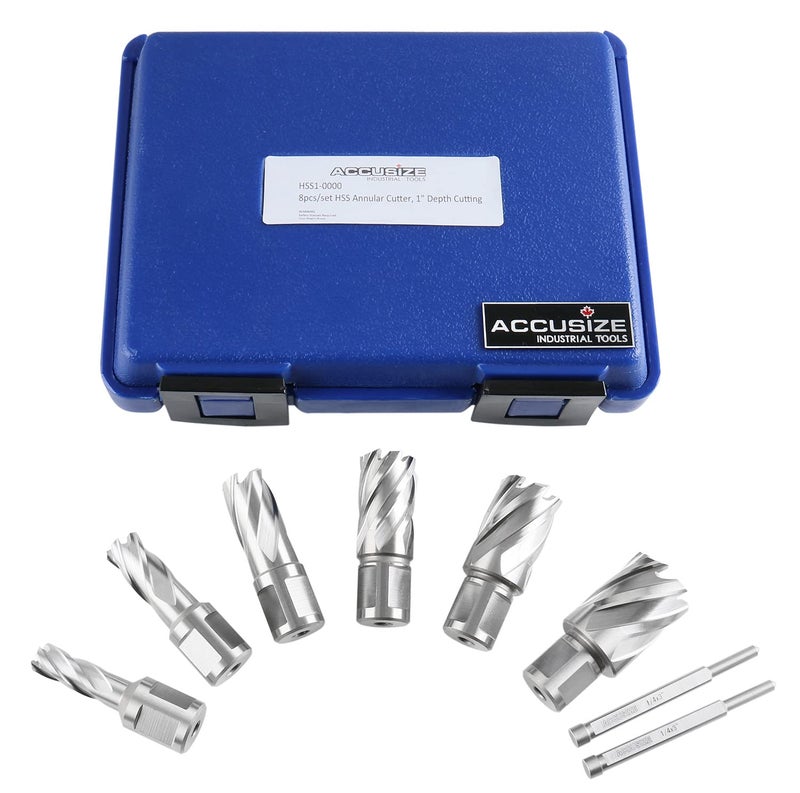 Accusize Industrial Tools H.S.S. Annular Cutter Set, 1'' Cutting Depth, 7/16'' to 1-1/16'' with 3/4'' Weldon Shank, 8 Pc Set, HSS1-0000 - Image 4
