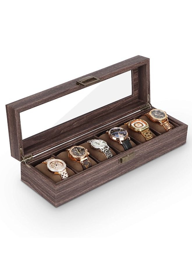 HomarKet Watch Box Organizer Watch Case with Glass Top Watch Display Case, Wood-Grain PU Leather Watch Box Case Organizer Display for Men Women (6-slot)  - Image 2