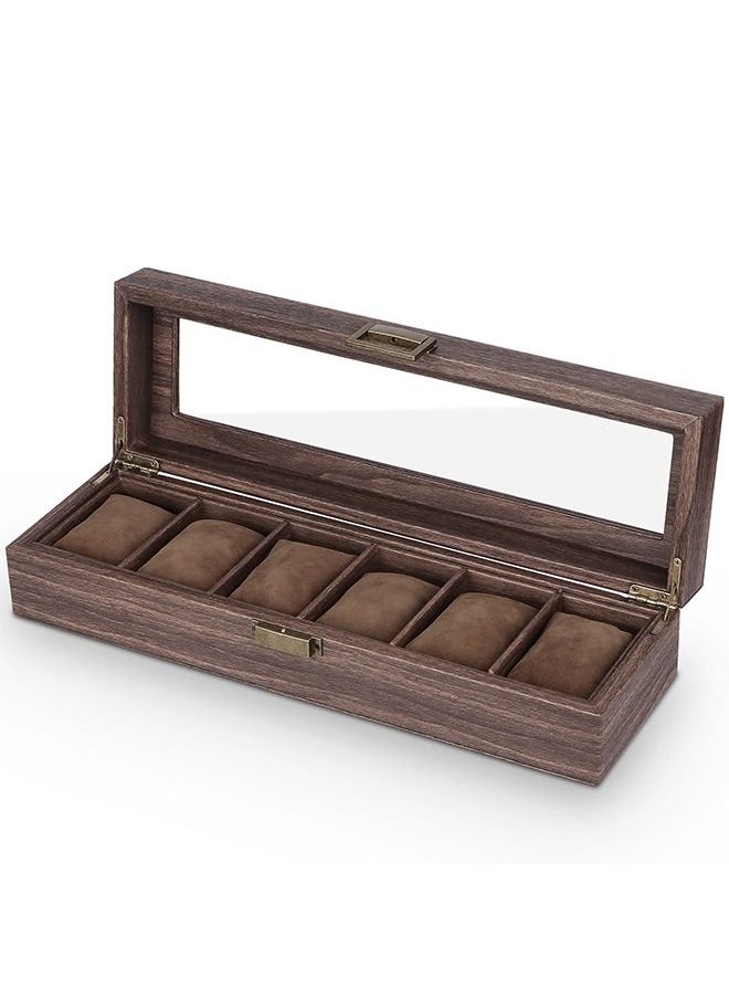 HomarKet Watch Box Organizer Watch Case with Glass Top Watch Display Case, Wood-Grain PU Leather Watch Box Case Organizer Display for Men Women (6-slot)  - Image 3